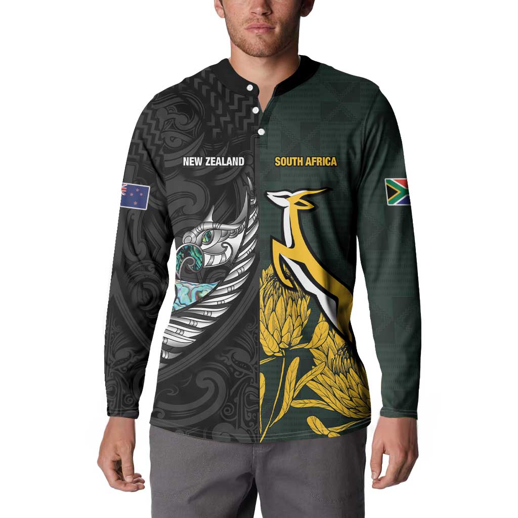 New Zealand and South Africa Rugby Custom Button Sweatshirt Silver Fern With Springboks
