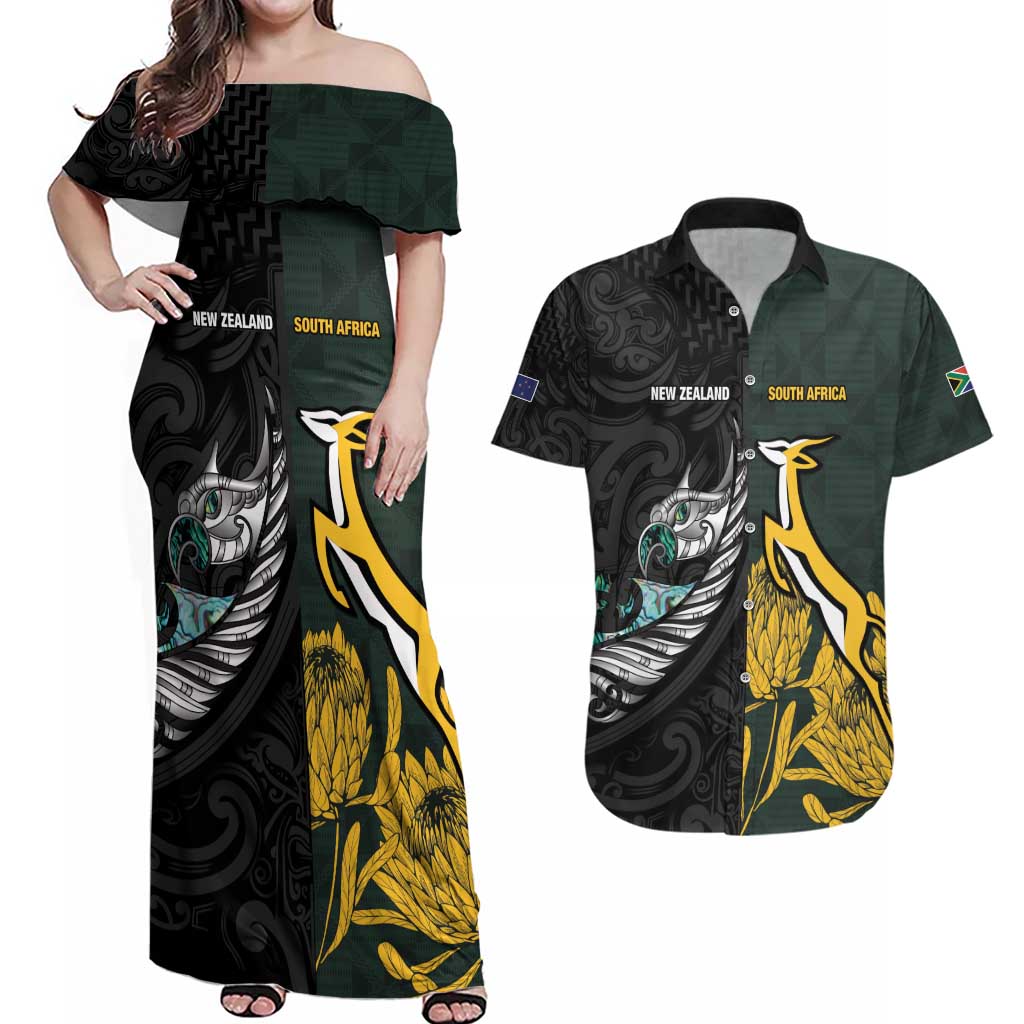 New Zealand and South Africa Rugby Custom Couples Matching Off Shoulder Maxi Dress and Hawaiian Shirt Silver Fern With Springboks