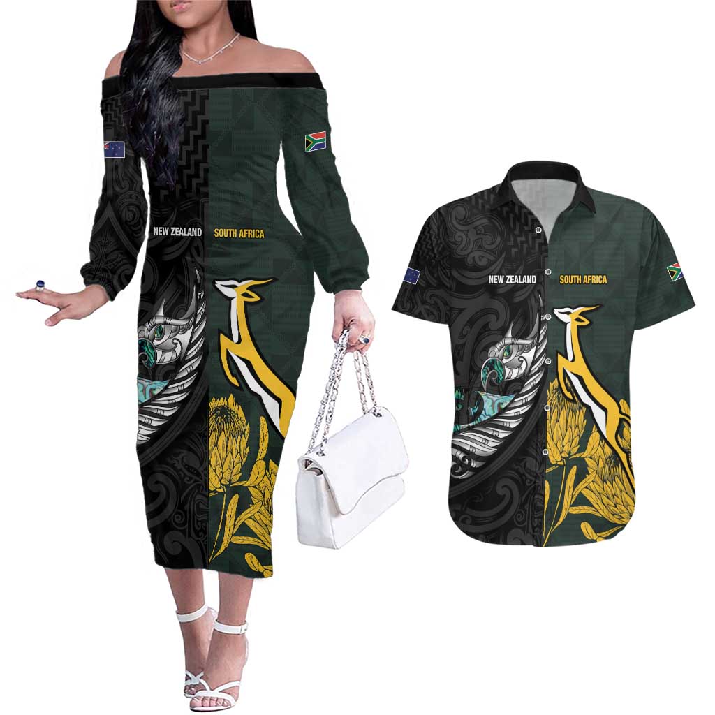 New Zealand and South Africa Rugby Custom Couples Matching Off The Shoulder Long Sleeve Dress and Hawaiian Shirt Silver Fern With Springboks