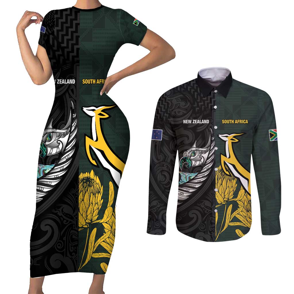 New Zealand and South Africa Rugby Custom Couples Matching Short Sleeve Bodycon Dress and Long Sleeve Button Shirt Silver Fern With Springboks