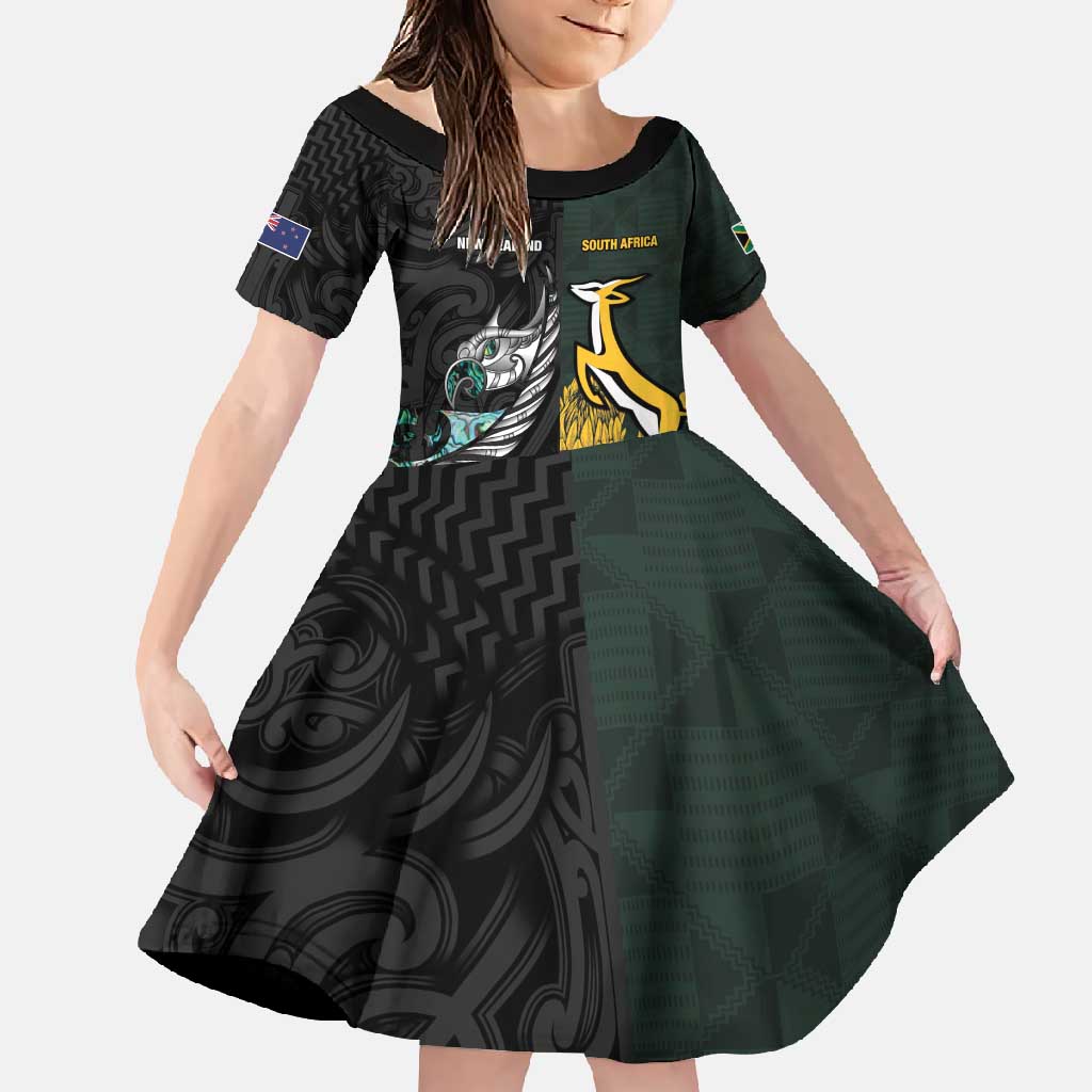 New Zealand and South Africa Rugby Custom Family Matching Mermaid Dress and Hawaiian Shirt Silver Fern With Springboks LT15 Daughter's Dress Black - Polynesian Pride