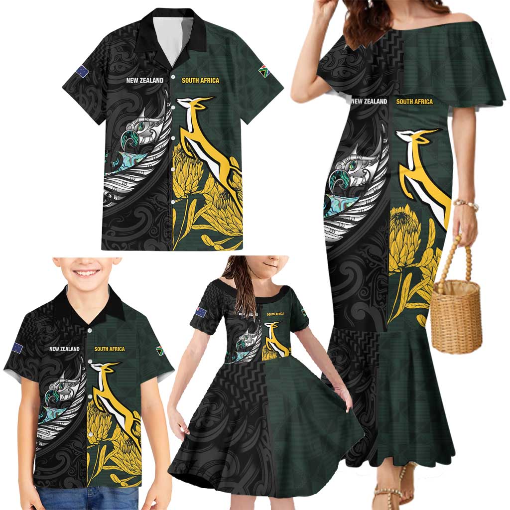 New Zealand and South Africa Rugby Custom Family Matching Mermaid Dress and Hawaiian Shirt Silver Fern With Springboks LT15 - Polynesian Pride