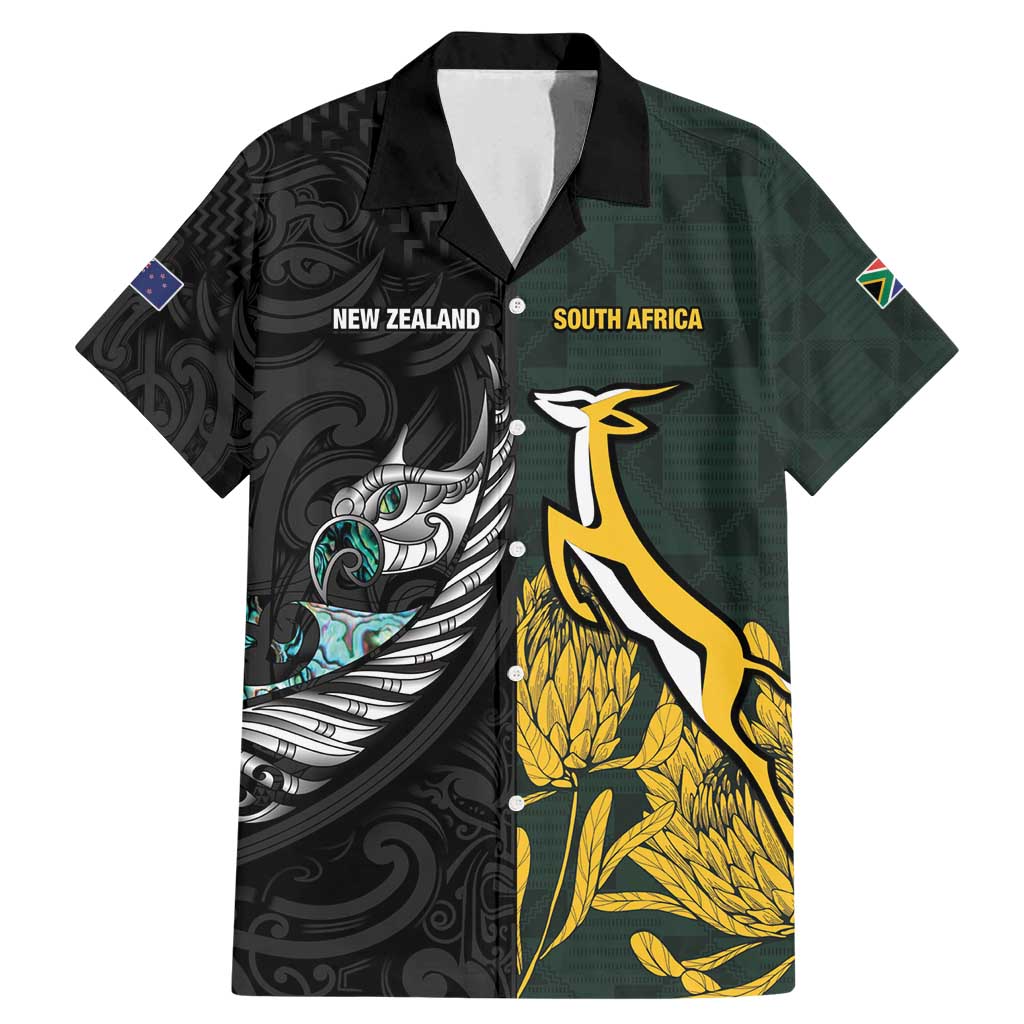 New Zealand and South Africa Rugby Custom Family Matching Mermaid Dress and Hawaiian Shirt Silver Fern With Springboks LT15 Dad's Shirt - Short Sleeve Black - Polynesian Pride
