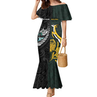 New Zealand and South Africa Rugby Custom Family Matching Mermaid Dress and Hawaiian Shirt Silver Fern With Springboks LT15 Mom's Dress Black - Polynesian Pride