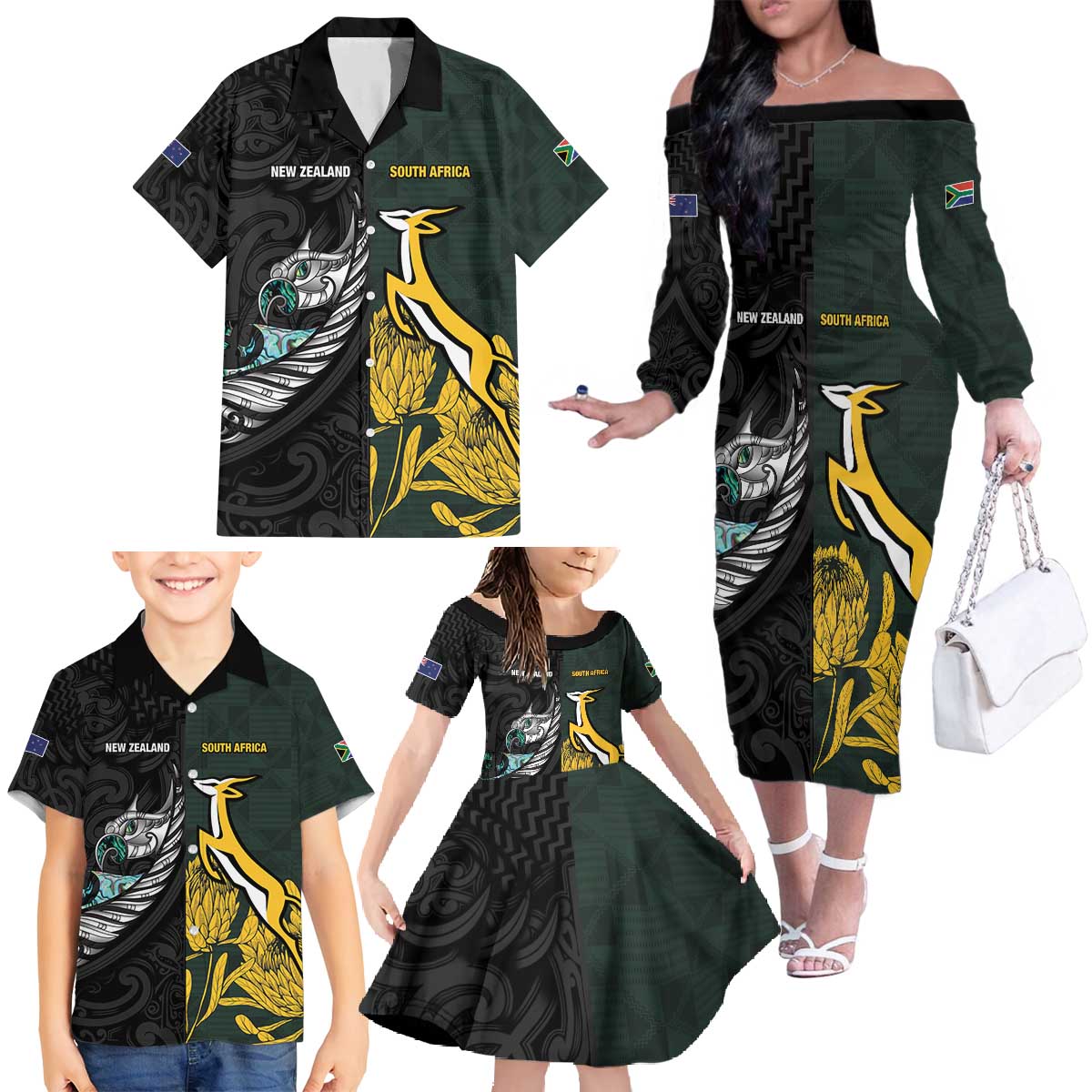New Zealand and South Africa Rugby Custom Family Matching Off The Shoulder Long Sleeve Dress and Hawaiian Shirt Silver Fern With Springboks