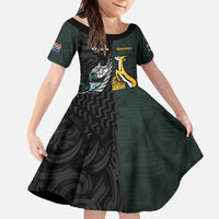 New Zealand and South Africa Rugby Custom Family Matching Off Shoulder Maxi Dress and Hawaiian Shirt Silver Fern With Springboks LT15 Daughter's Dress Black - Polynesian Pride