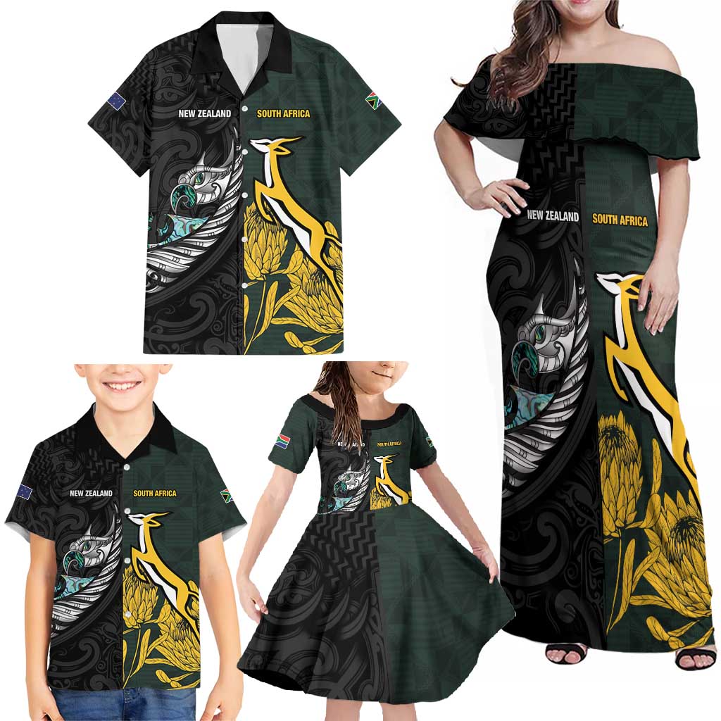 New Zealand and South Africa Rugby Custom Family Matching Off Shoulder Maxi Dress and Hawaiian Shirt Silver Fern With Springboks LT15 - Polynesian Pride
