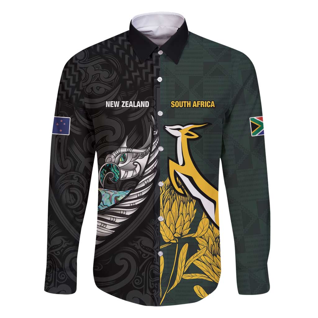 New Zealand and South Africa Rugby Custom Family Matching Off Shoulder Maxi Dress and Hawaiian Shirt Silver Fern With Springboks LT15 Dad's Shirt - Long Sleeve Black - Polynesian Pride