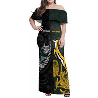 New Zealand and South Africa Rugby Custom Family Matching Off Shoulder Maxi Dress and Hawaiian Shirt Silver Fern With Springboks LT15 Mom's Dress Black - Polynesian Pride
