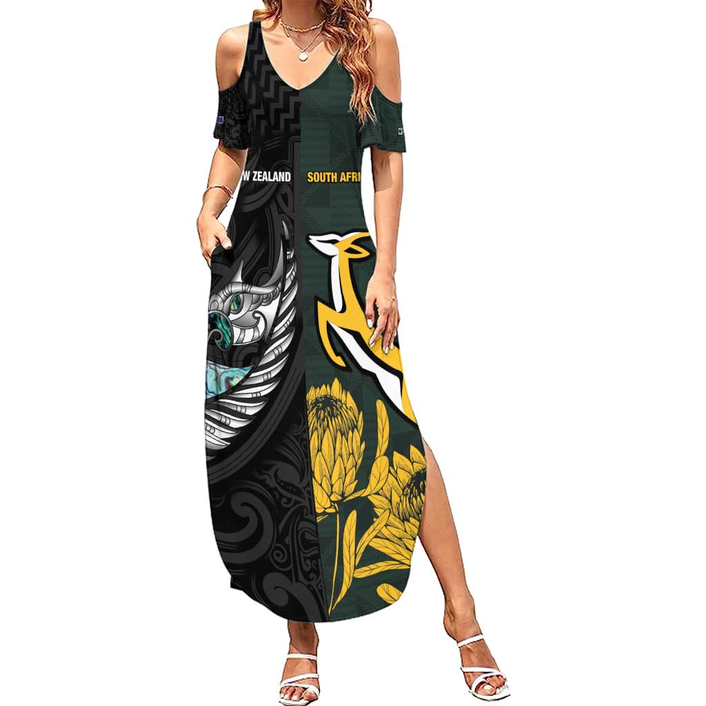 New Zealand and South Africa Rugby Custom Family Matching Summer Maxi Dress and Hawaiian Shirt Silver Fern With Springboks LT15 Mom's Dress Black - Polynesian Pride