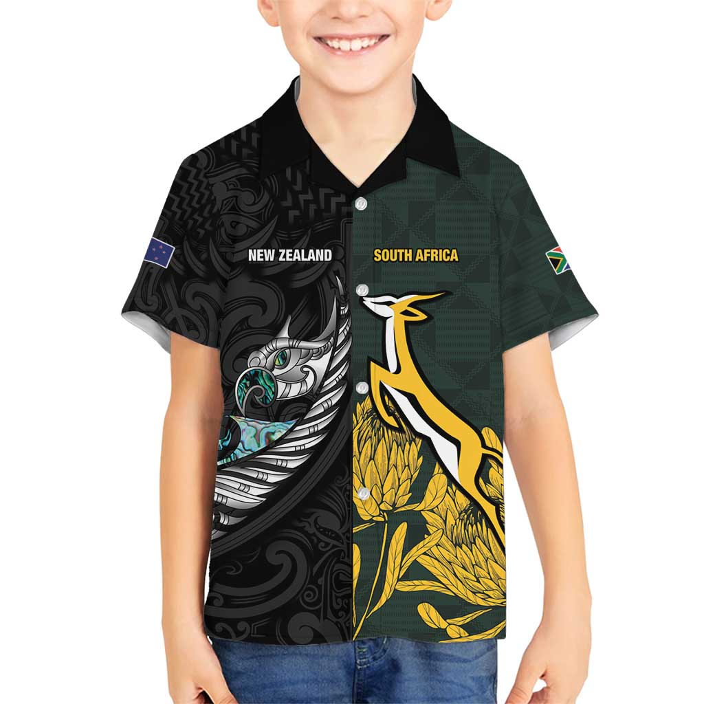 New Zealand and South Africa Rugby Custom Family Matching Summer Maxi Dress and Hawaiian Shirt Silver Fern With Springboks LT15 Son's Shirt Black - Polynesian Pride