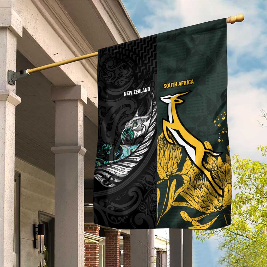 New Zealand and South Africa Rugby Garden Flag Silver Fern With Springboks LT15 House Flag Black - Polynesian Pride