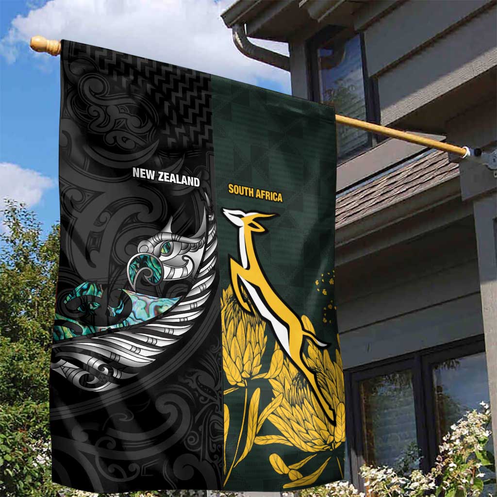 New Zealand and South Africa Rugby Garden Flag Silver Fern With Springboks LT15 - Polynesian Pride