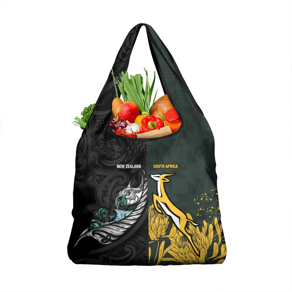 New Zealand and South Africa Rugby Grocery Bag Silver Fern With Springboks LT15 1-pack One Size Black - Polynesian Pride