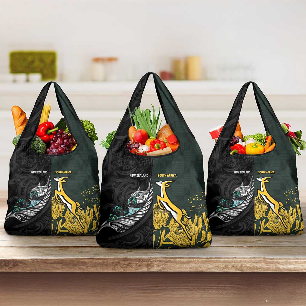 New Zealand and South Africa Rugby Grocery Bag Silver Fern With Springboks LT15 3-pack One Size Black - Polynesian Pride