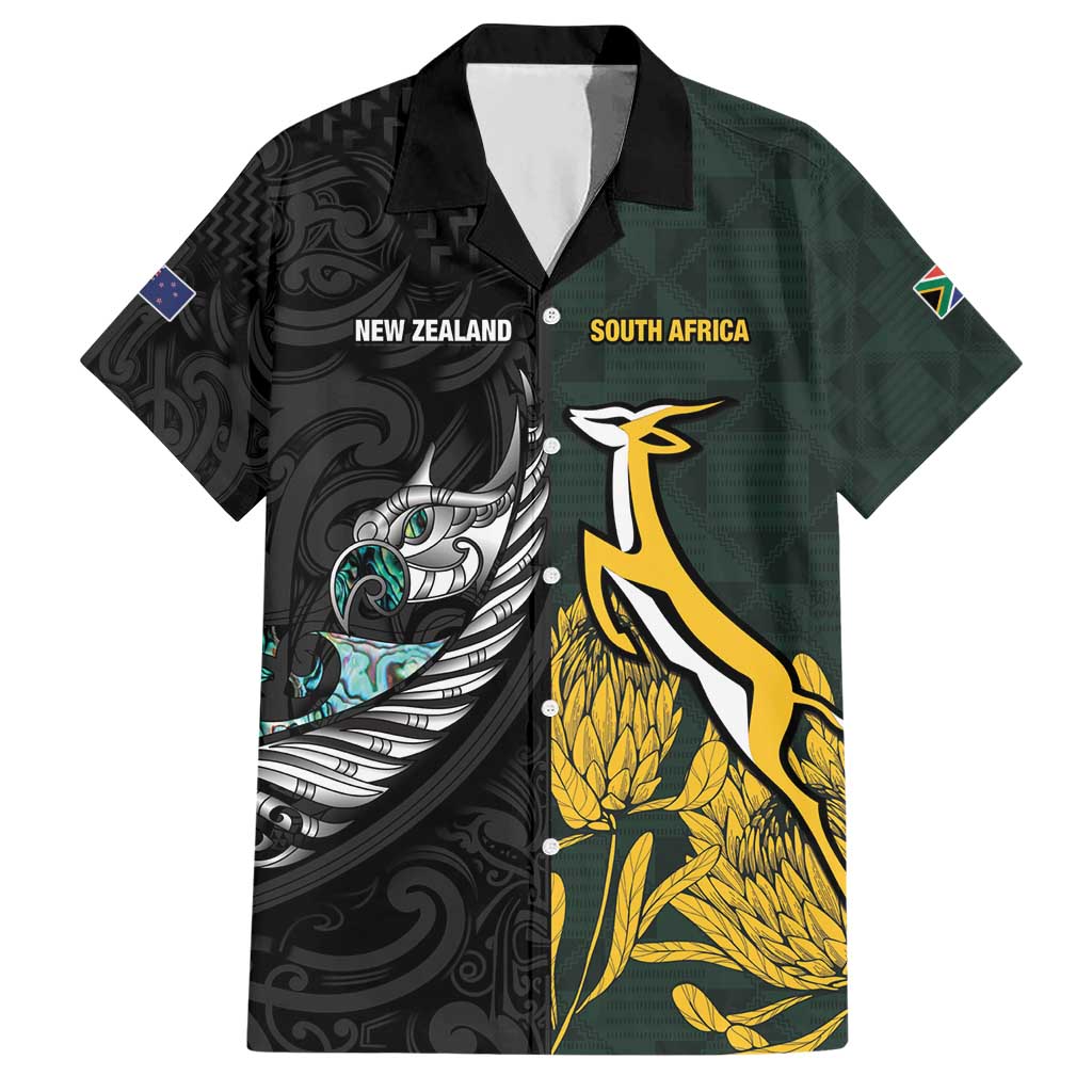 New Zealand and South Africa Rugby Custom Hawaiian Shirt Silver Fern With Springboks LT15 Black - Polynesian Pride