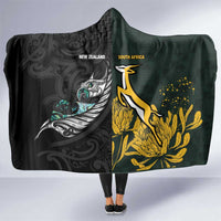 New Zealand and South Africa Rugby Hooded Blanket Silver Fern With Springboks LT15 One Size Black - Polynesian Pride