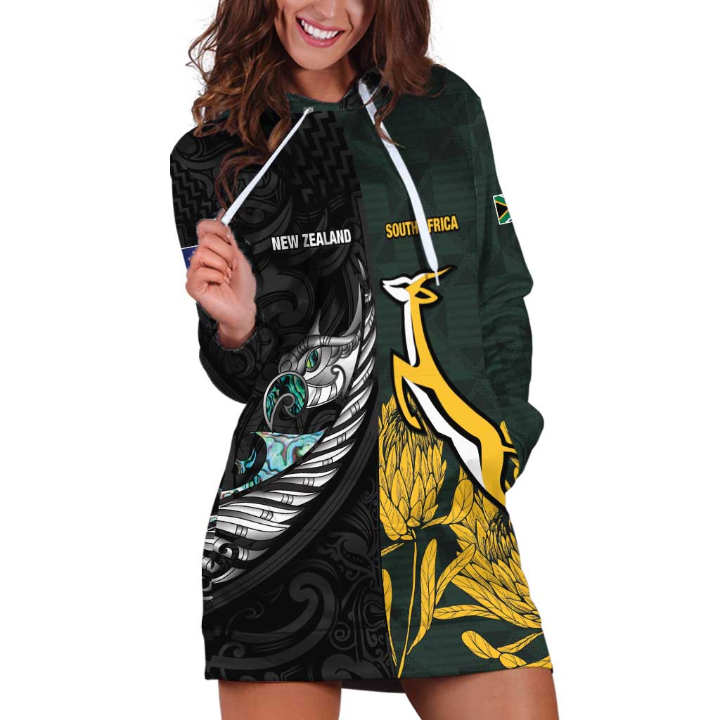 New Zealand and South Africa Rugby Custom Hoodie Dress Silver Fern With Springboks LT15 Black - Polynesian Pride