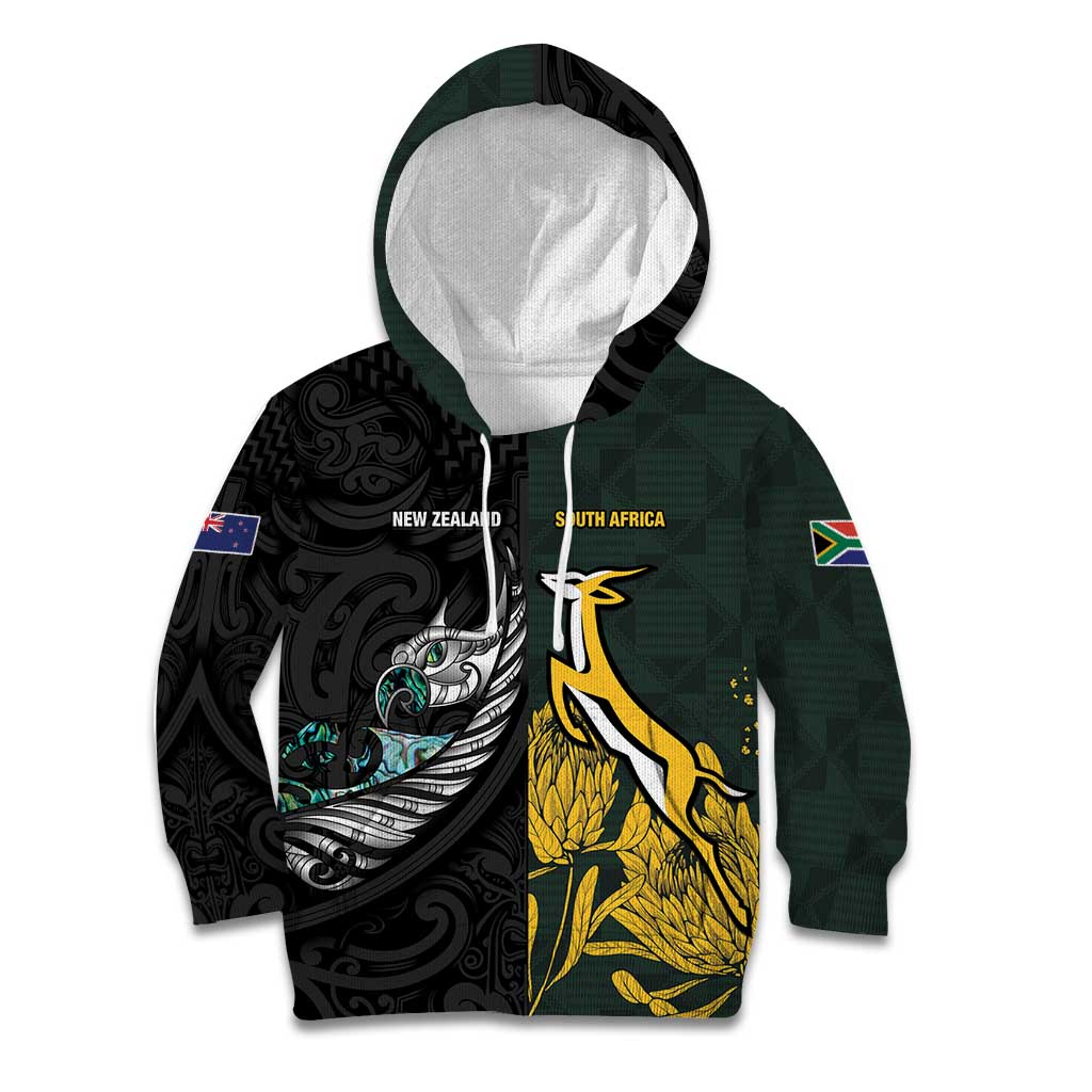 New Zealand and South Africa Rugby Custom Kid Hoodie Silver Fern With Springboks LT15 Hoodie Black - Polynesian Pride