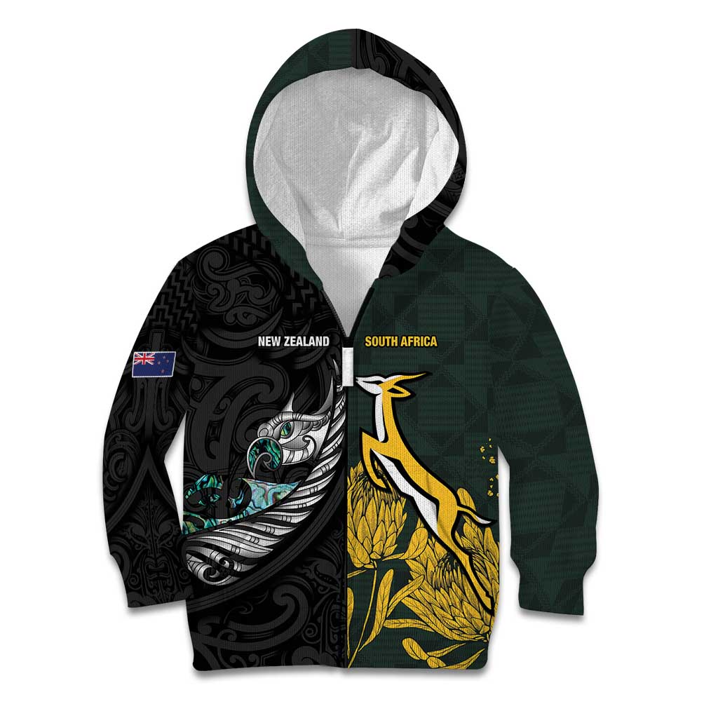 New Zealand and South Africa Rugby Custom Kid Hoodie Silver Fern With Springboks LT15 Zip Hoodie Black - Polynesian Pride