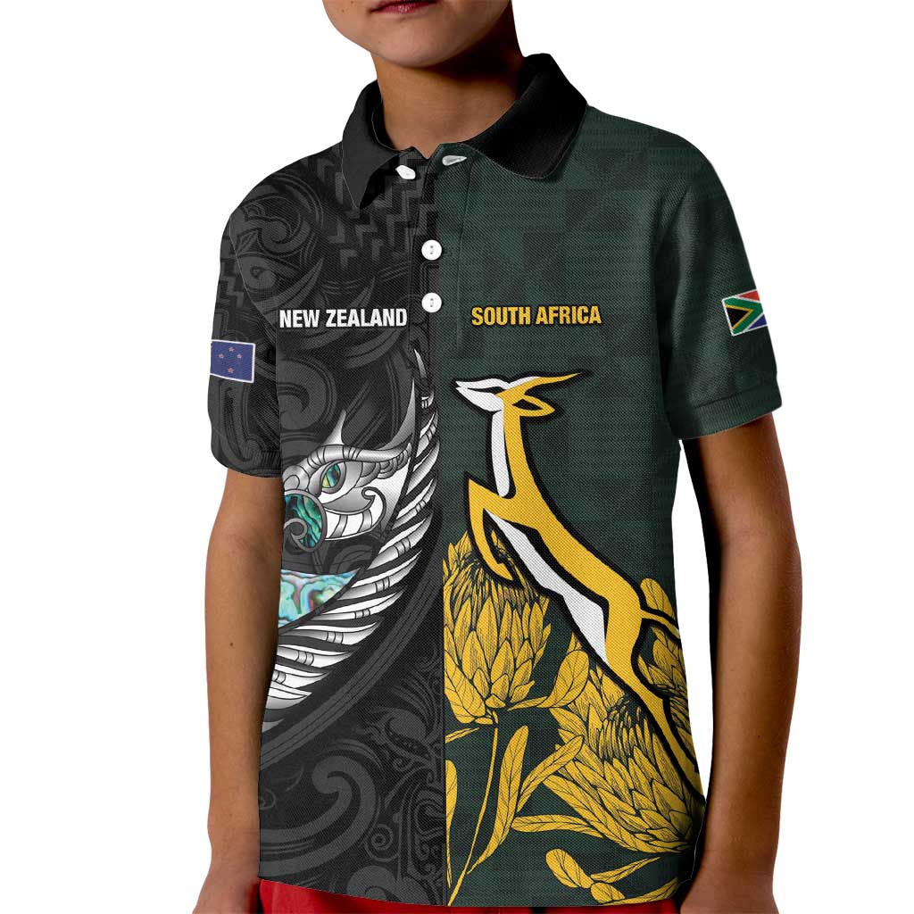 New Zealand and South Africa Rugby Custom Kid Polo Shirt Silver Fern With Springboks LT15 Kid Black - Polynesian Pride