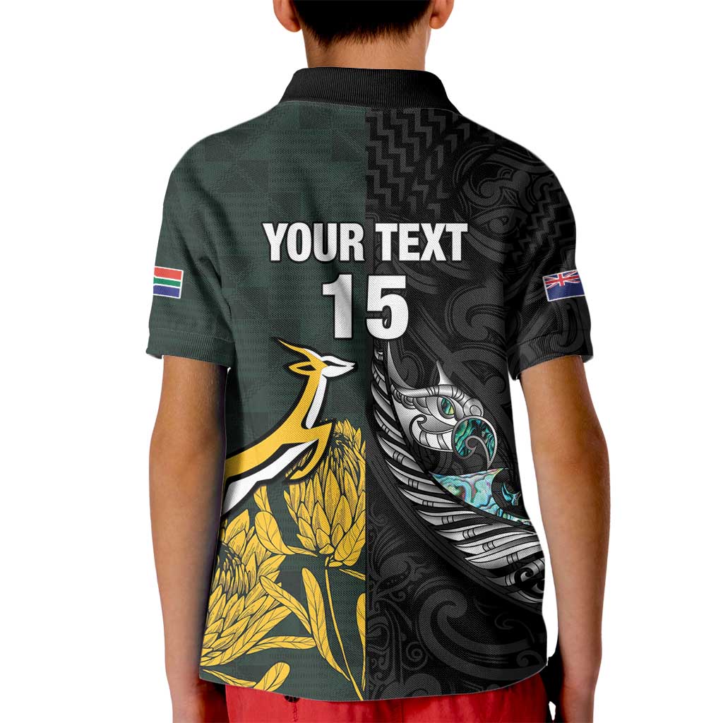 New Zealand and South Africa Rugby Custom Kid Polo Shirt Silver Fern With Springboks LT15 - Polynesian Pride
