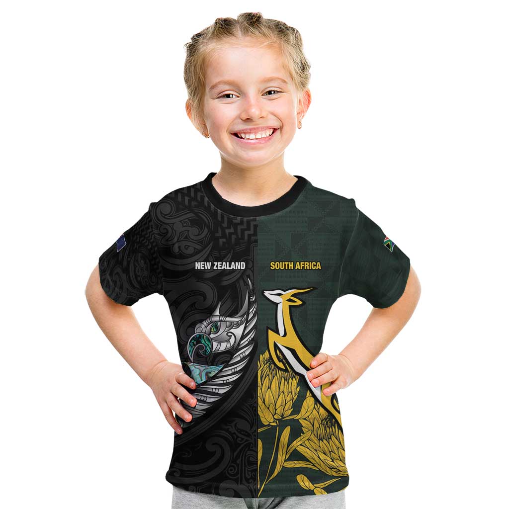 New Zealand and South Africa Rugby Custom Kid T Shirt Silver Fern With Springboks LT15 Black - Polynesian Pride