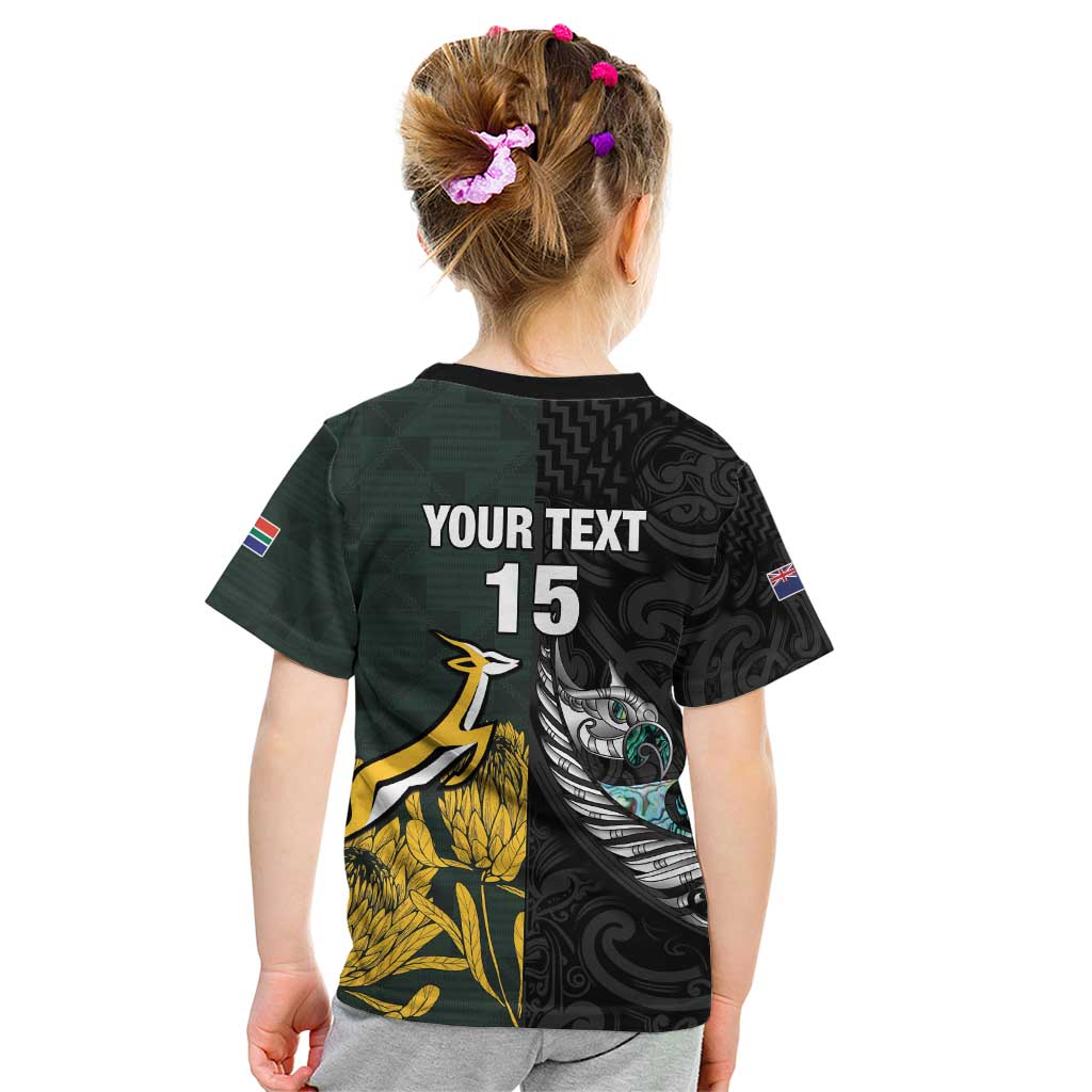 New Zealand and South Africa Rugby Custom Kid T Shirt Silver Fern With Springboks LT15 - Polynesian Pride