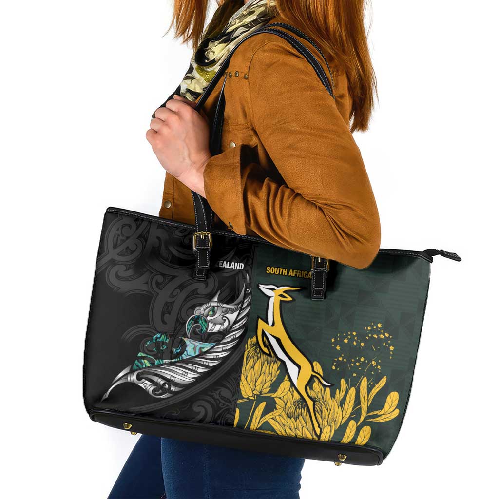 New Zealand and South Africa Rugby Leather Tote Bag Silver Fern With Springboks LT15 Black - Polynesian Pride