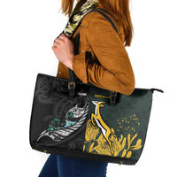 New Zealand and South Africa Rugby Leather Tote Bag Silver Fern With Springboks LT15 Black - Polynesian Pride
