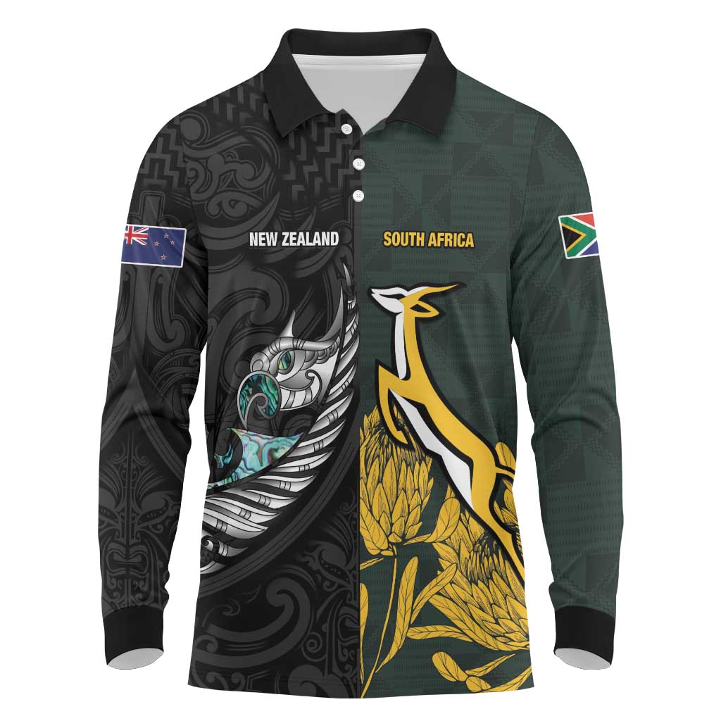 New Zealand and South Africa Rugby Custom Long Sleeve Polo Shirt Silver Fern With Springboks LT15 Black - Polynesian Pride