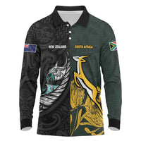 New Zealand and South Africa Rugby Custom Long Sleeve Polo Shirt Silver Fern With Springboks LT15 Black - Polynesian Pride