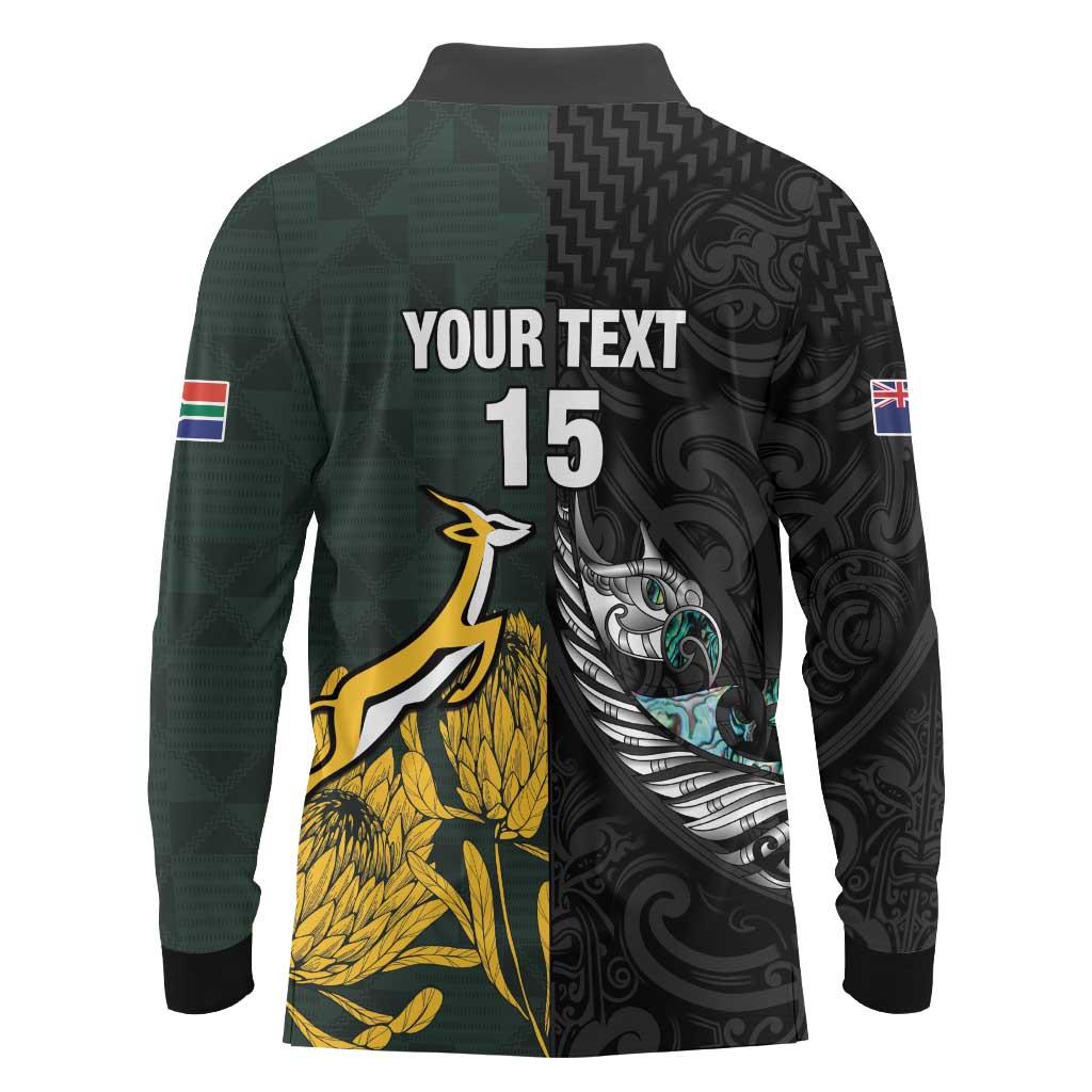 New Zealand and South Africa Rugby Custom Long Sleeve Polo Shirt Silver Fern With Springboks LT15 - Polynesian Pride