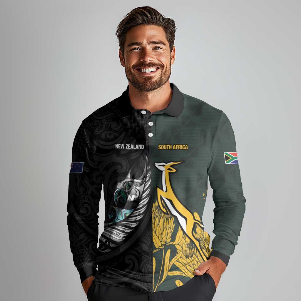 New Zealand and South Africa Rugby Custom Long Sleeve Polo Shirt Silver Fern With Springboks LT15 - Polynesian Pride