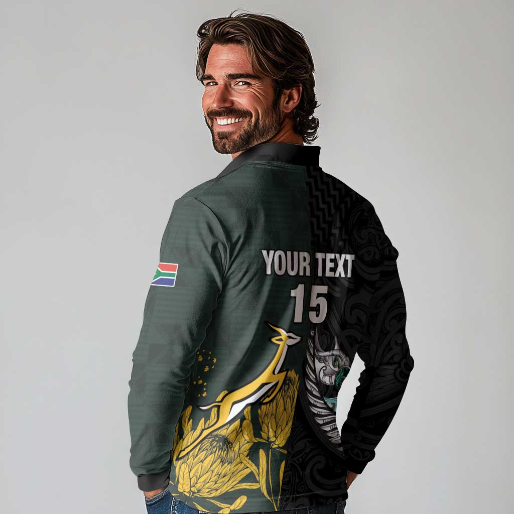 New Zealand and South Africa Rugby Custom Long Sleeve Polo Shirt Silver Fern With Springboks LT15 - Polynesian Pride