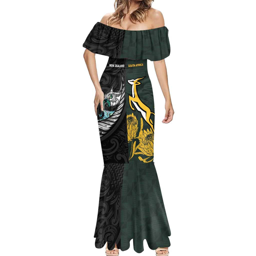 New Zealand and South Africa Rugby Custom Mermaid Dress Silver Fern With Springboks