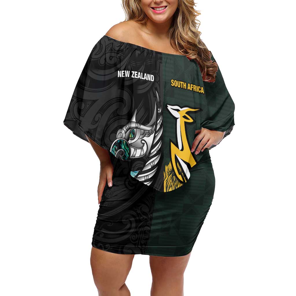 New Zealand and South Africa Rugby Custom Off Shoulder Short Dress Silver Fern With Springboks