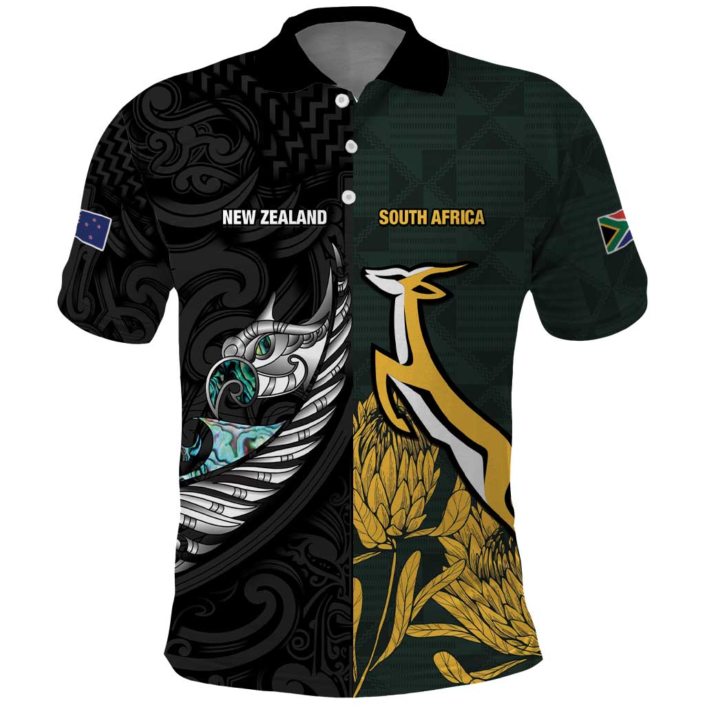 New Zealand and South Africa Rugby Custom Polo Shirt Silver Fern With Springboks LT15 Black - Polynesian Pride