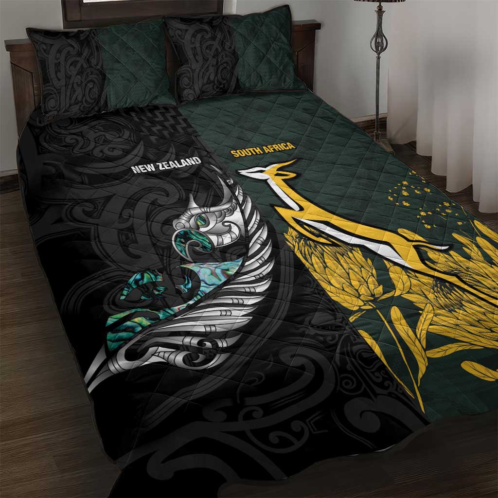 New Zealand and South Africa Rugby Quilt Bed Set Silver Fern With Springboks LT15 Black - Polynesian Pride