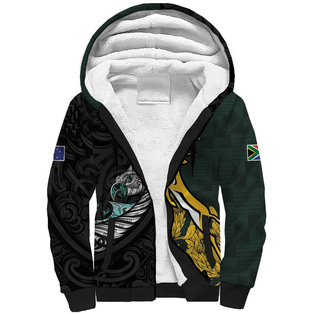 New Zealand and South Africa Rugby Custom Sherpa Hoodie Silver Fern With Springboks LT15 Unisex Black - Polynesian Pride