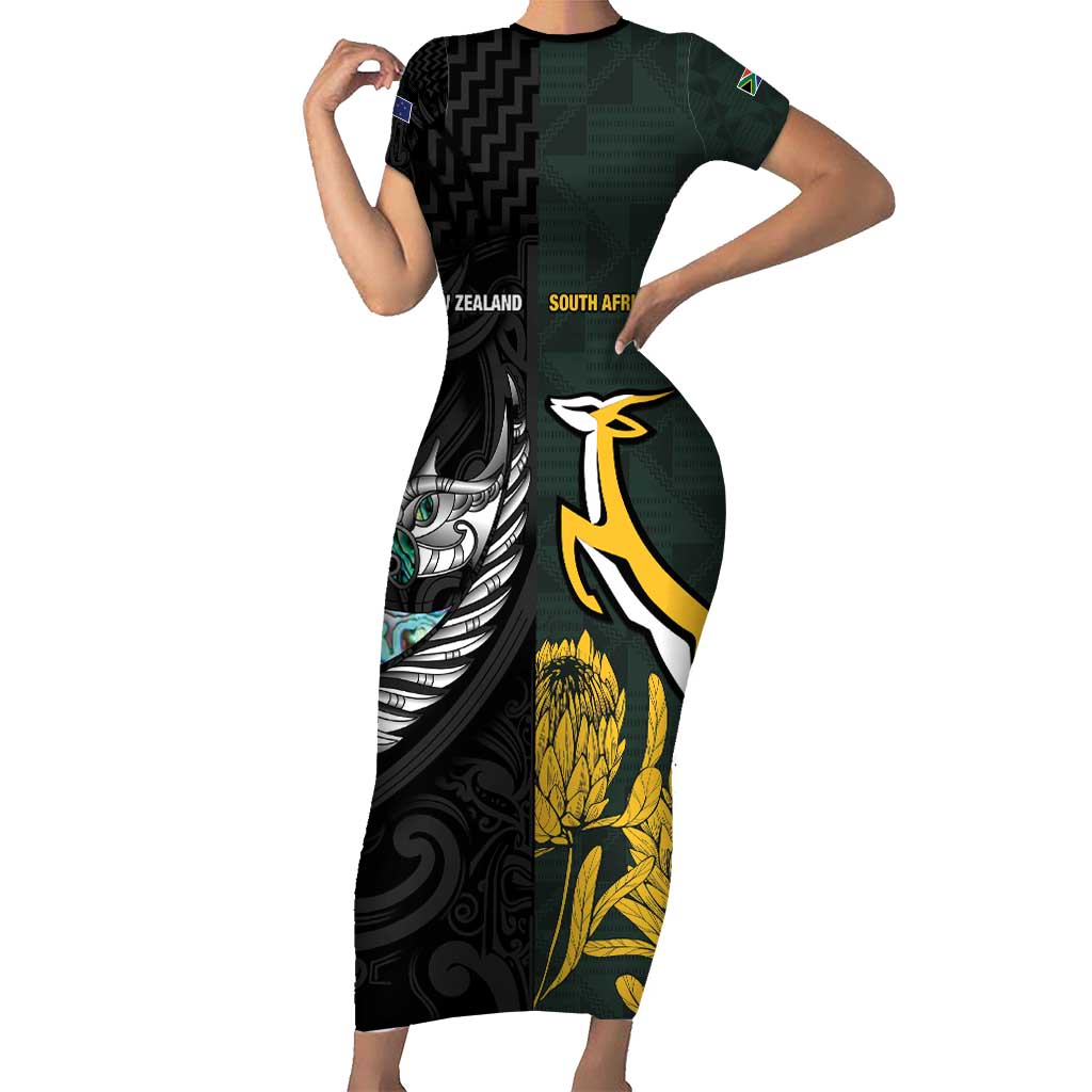 New Zealand and South Africa Rugby Custom Short Sleeve Bodycon Dress Silver Fern With Springboks LT15 Long Dress Black - Polynesian Pride