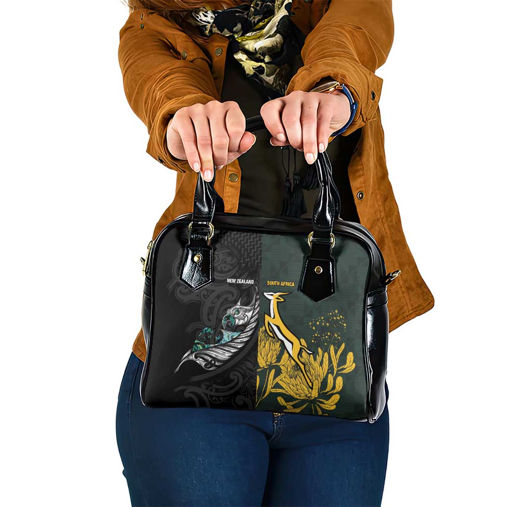 New Zealand and South Africa Rugby Shoulder Handbag Silver Fern With Springboks