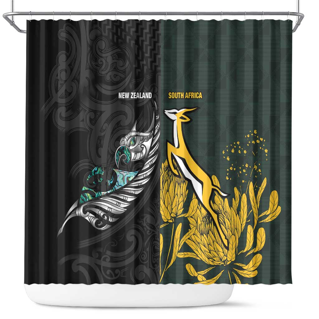 New Zealand and South Africa Rugby Shower Curtain Silver Fern With Springboks LT15 Black - Polynesian Pride