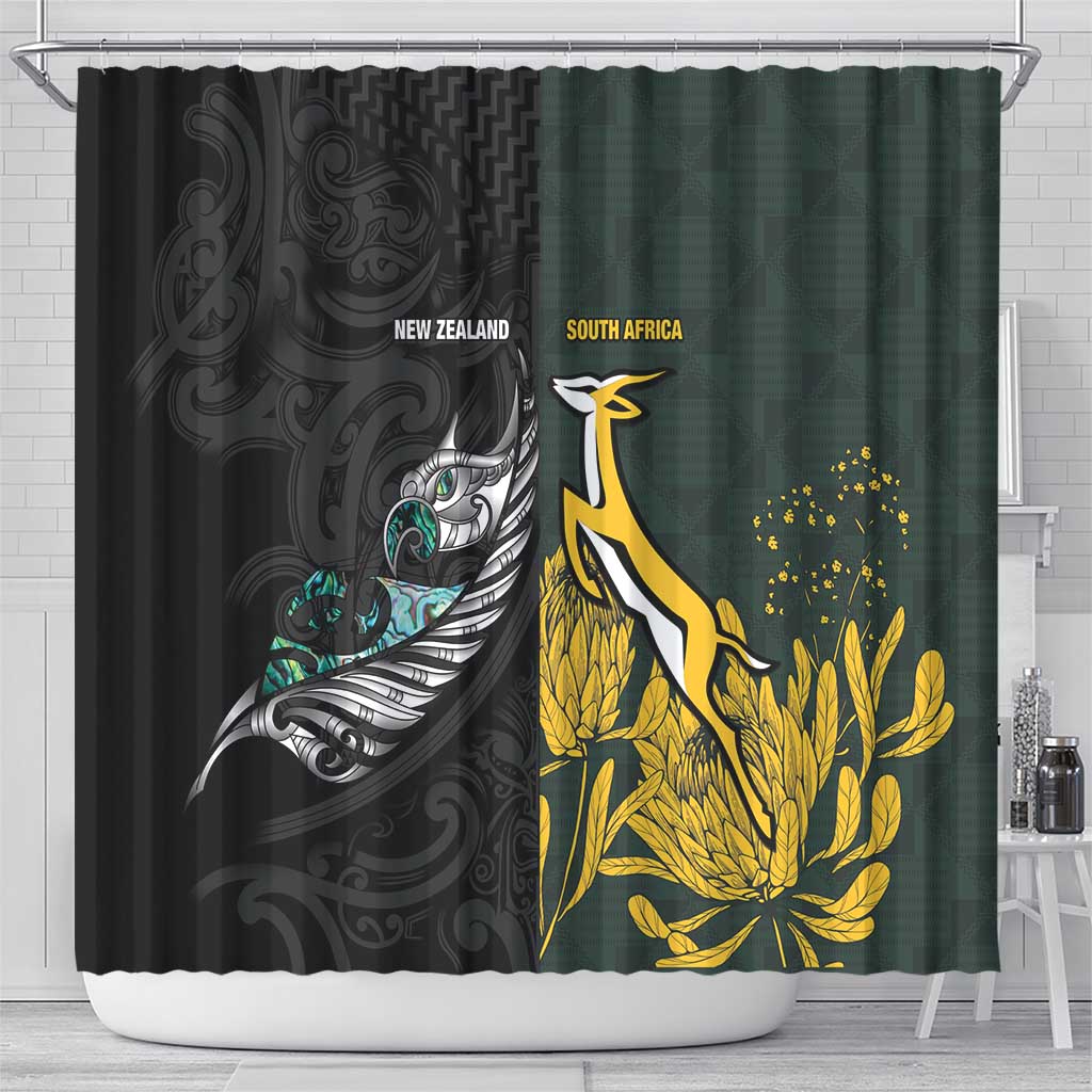New Zealand and South Africa Rugby Shower Curtain Silver Fern With Springboks LT15 - Polynesian Pride
