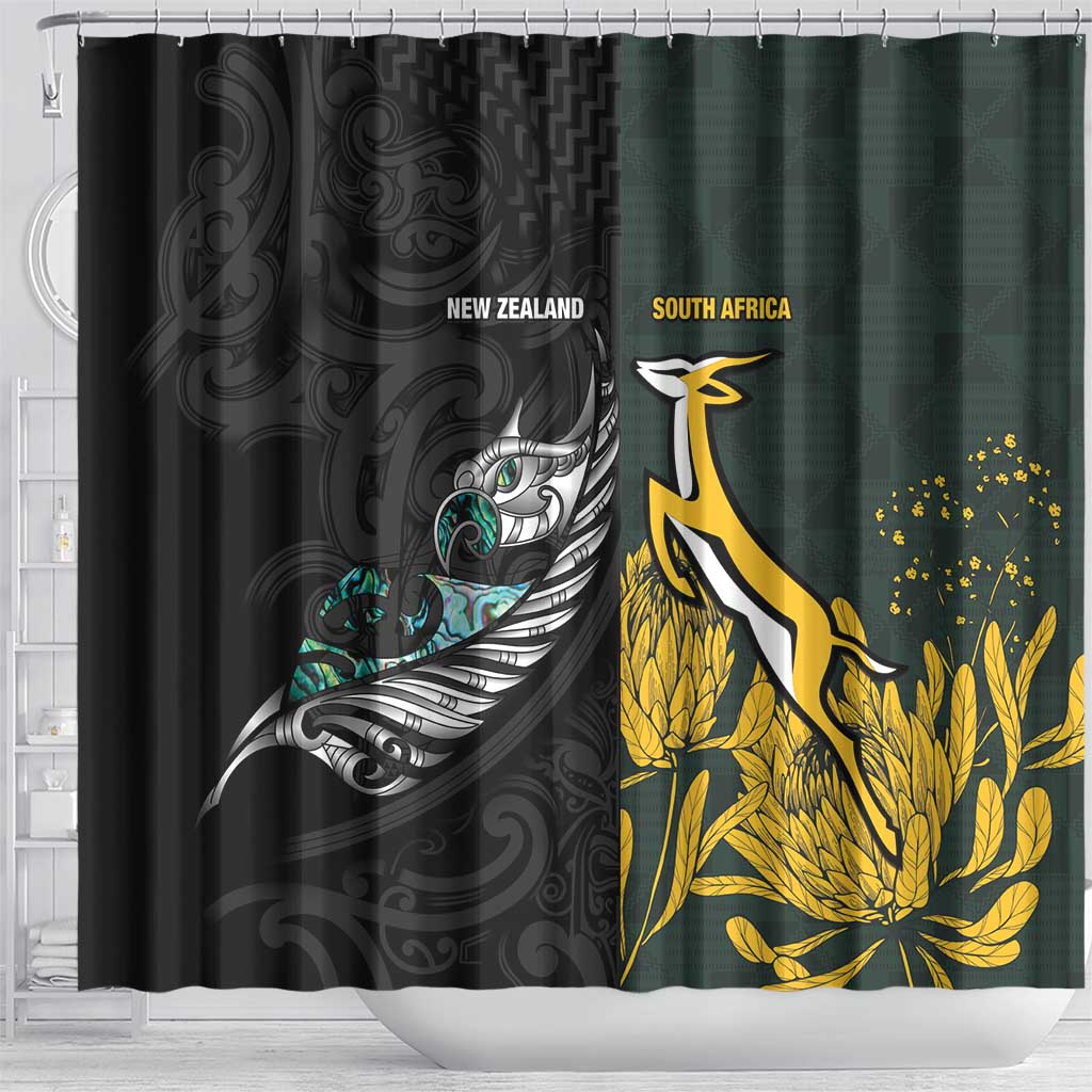 New Zealand and South Africa Rugby Shower Curtain Silver Fern With Springboks LT15 - Polynesian Pride
