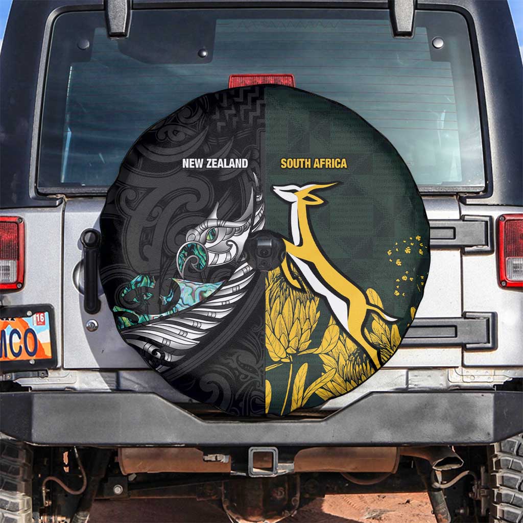 New Zealand and South Africa Rugby Spare Tire Cover Silver Fern With Springboks LT15 Black - Polynesian Pride