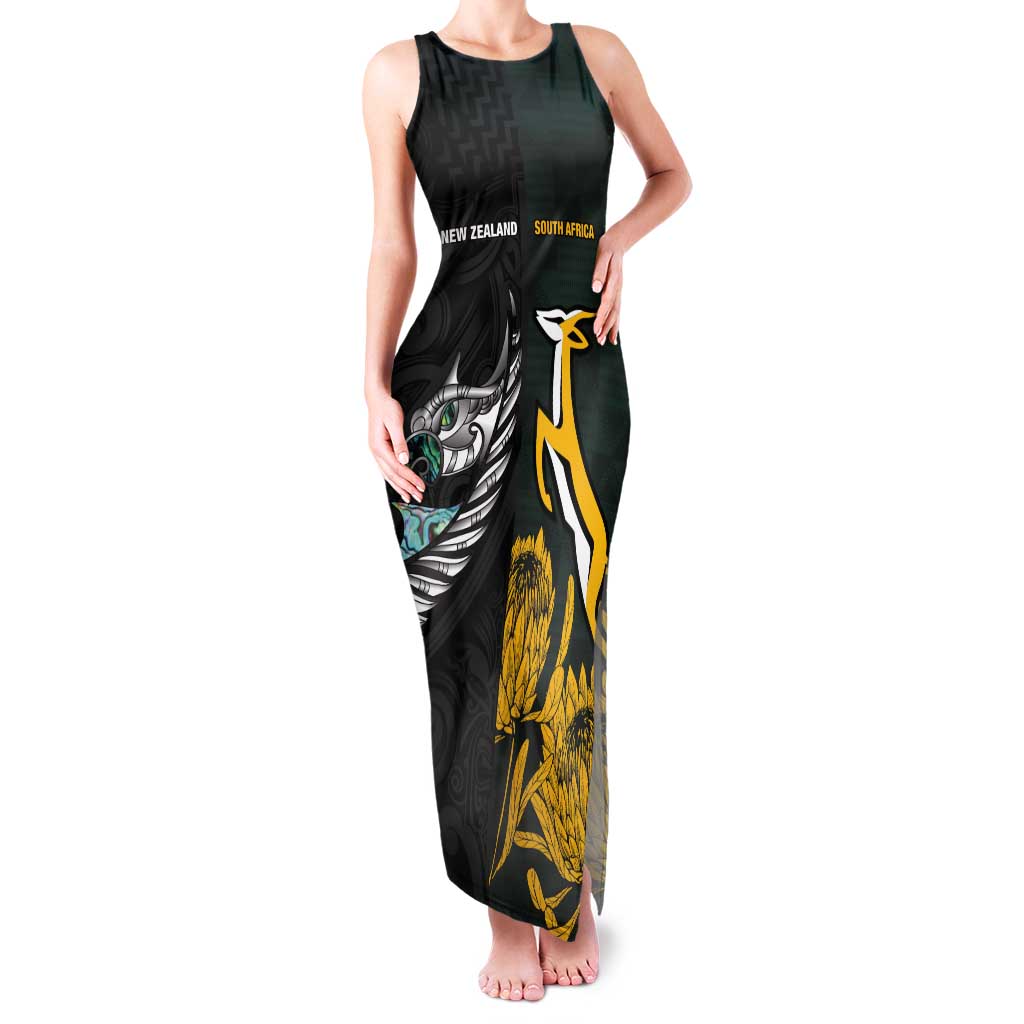 New Zealand and South Africa Rugby Custom Tank Maxi Dress Silver Fern With Springboks LT15 Women Black - Polynesian Pride