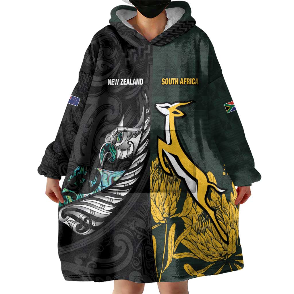 New Zealand and South Africa Rugby Custom Wearable Blanket Hoodie Silver Fern With Springboks LT15 - Polynesian Pride