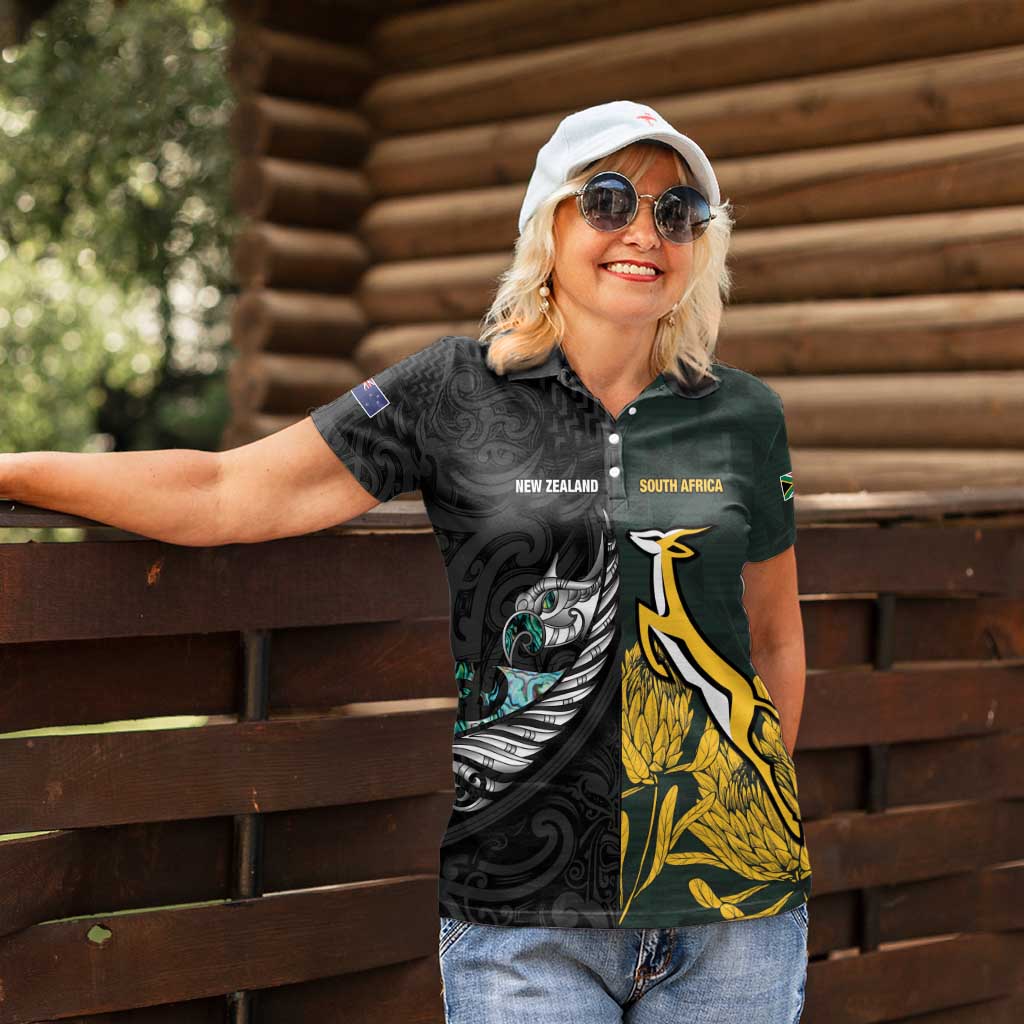 New Zealand and South Africa Rugby Custom Women Polo Shirt Silver Fern With Springboks LT15 - Polynesian Pride