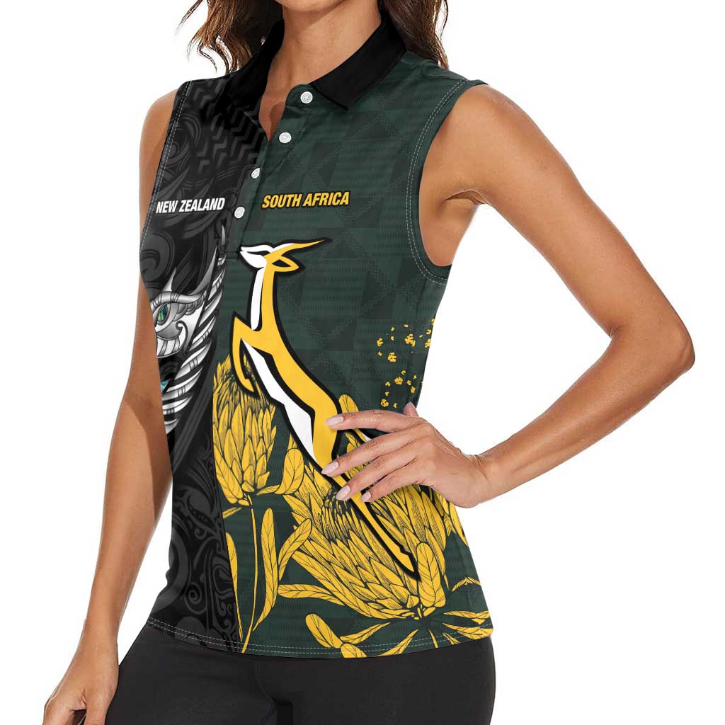 New Zealand and South Africa Rugby Custom Women Sleeveless Polo Shirt Silver Fern With Springboks LT15 - Polynesian Pride